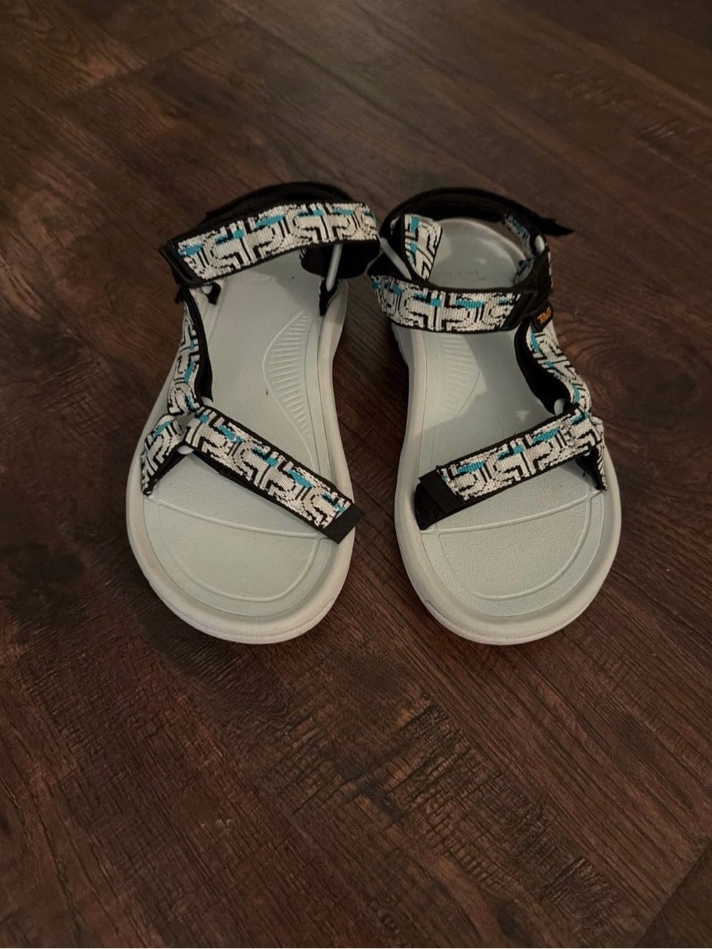 Teva White Footbed Sandals with Black Straps and Blue Accents